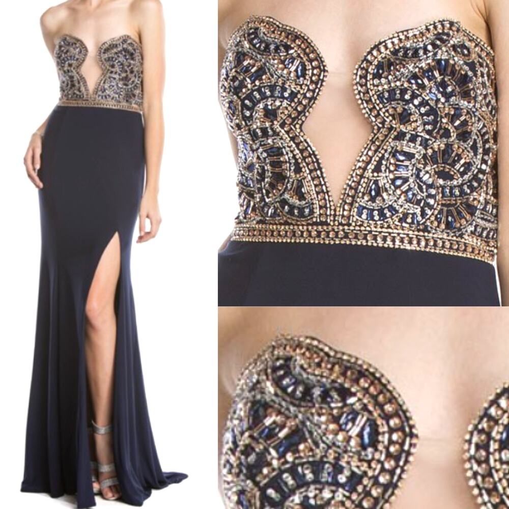 Aspeed Midnight and Gold Beaded Strapless Maxi Dress